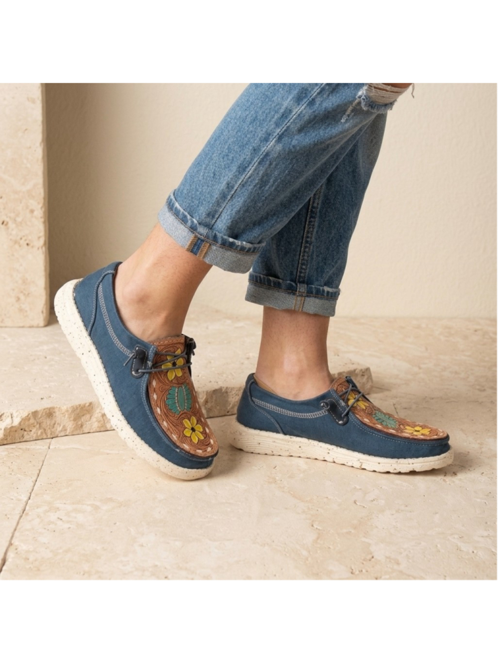 American Darling Blue Dancing on Daises Leather and Canvas slip ons